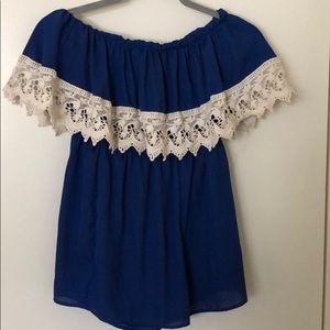 Strapless Blue Romper with lace trim. Size: M.